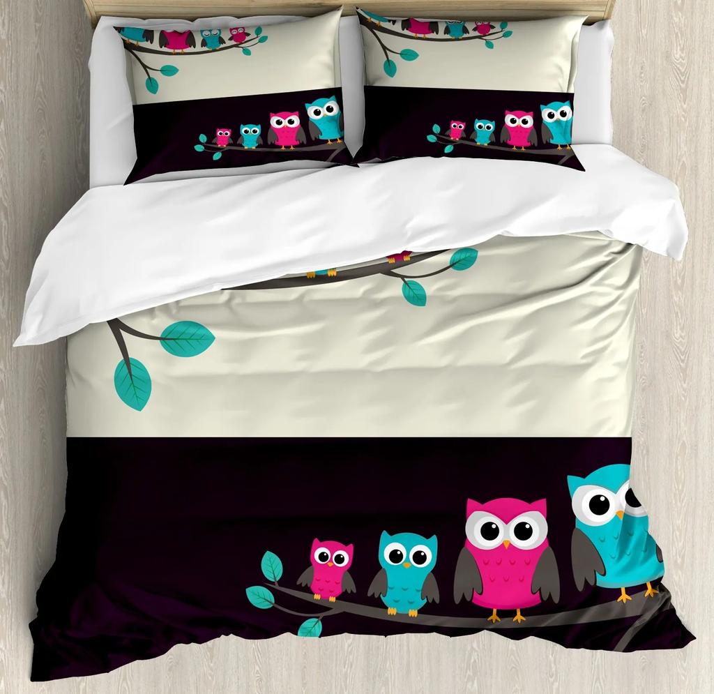 Owl Duvet Cover Bird Decor Bedding Set Printed Comforter Cover for Boys Girls Children Teens Bedroom Decor with 2 Pillow Case