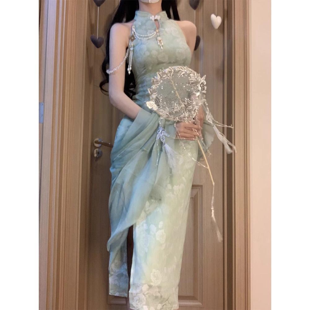 Зеленое улучшенное ципао в национальном стиле, новое платье с чистым желанием, с китайским воротником, повседневное женское платье, женский стиль, длинное платье