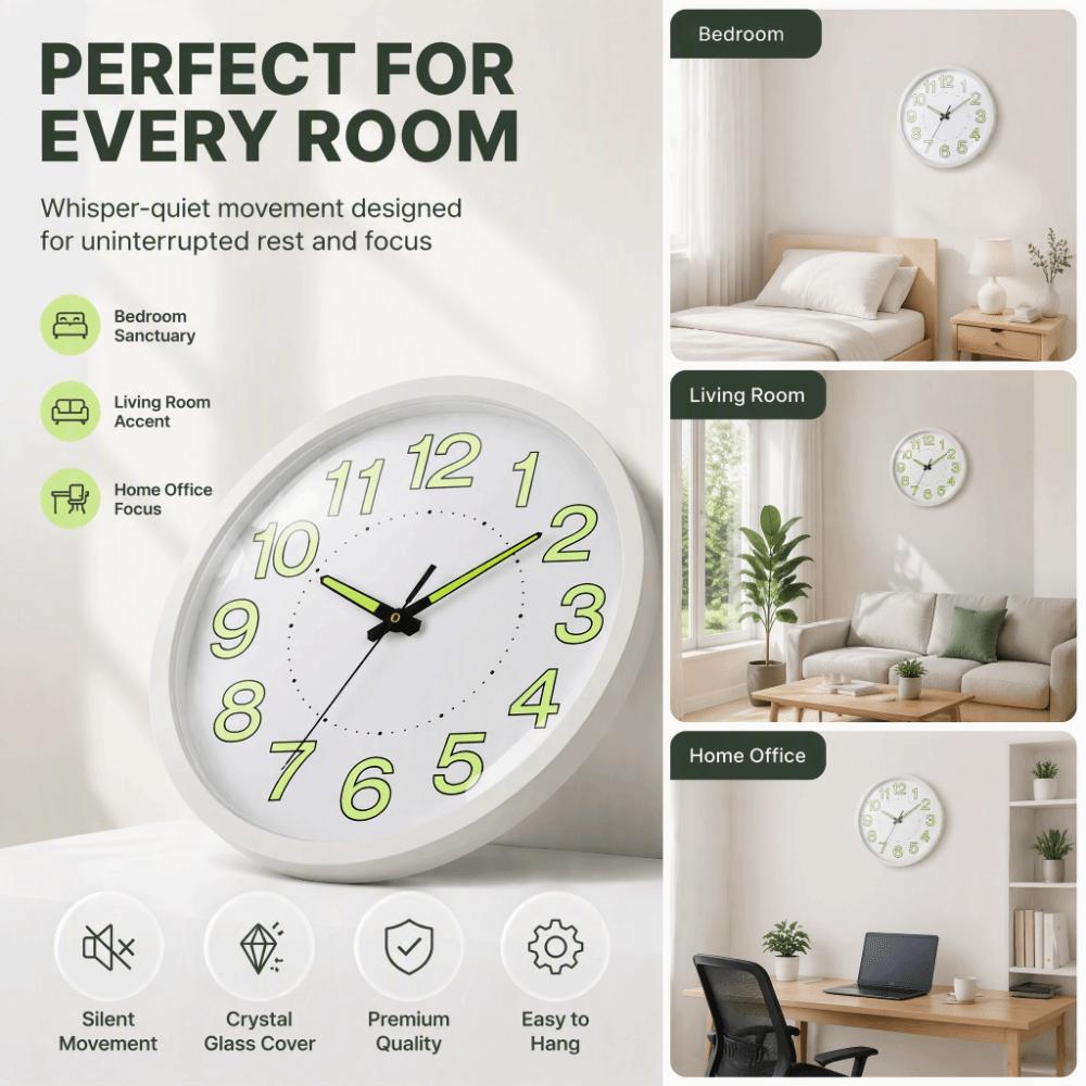 Plastic Frame Silent Quartz Clock 30cm Diameter Non-Ticking Clock Wall Mounted Clock Night Use