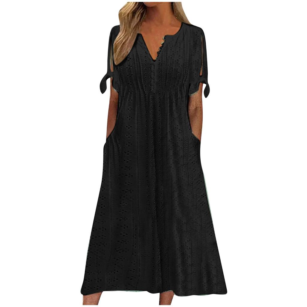 Женская мода повседневное однотонное платье с круглым вырезом и пуговицами с открытыми плечами и коротким рукавом с карманом