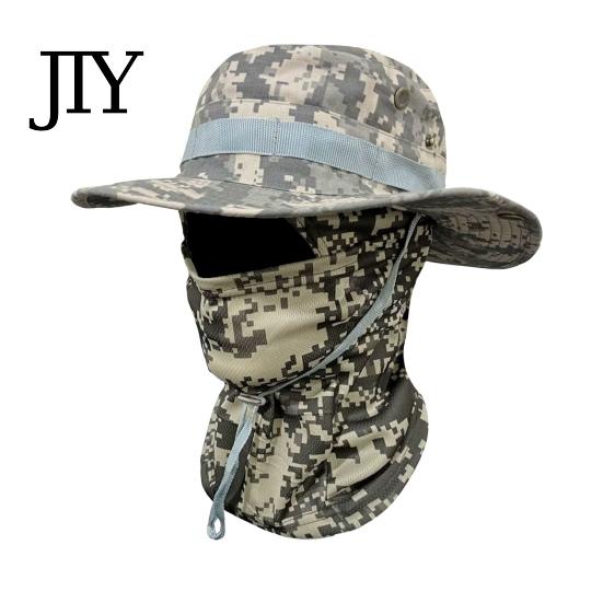 Sun Protection Hat Camouflage with Balaclava Face Mask, UV Men Wide Brim Hat, Breathable Bucket for Outdoor Fishing Hiking Cycling