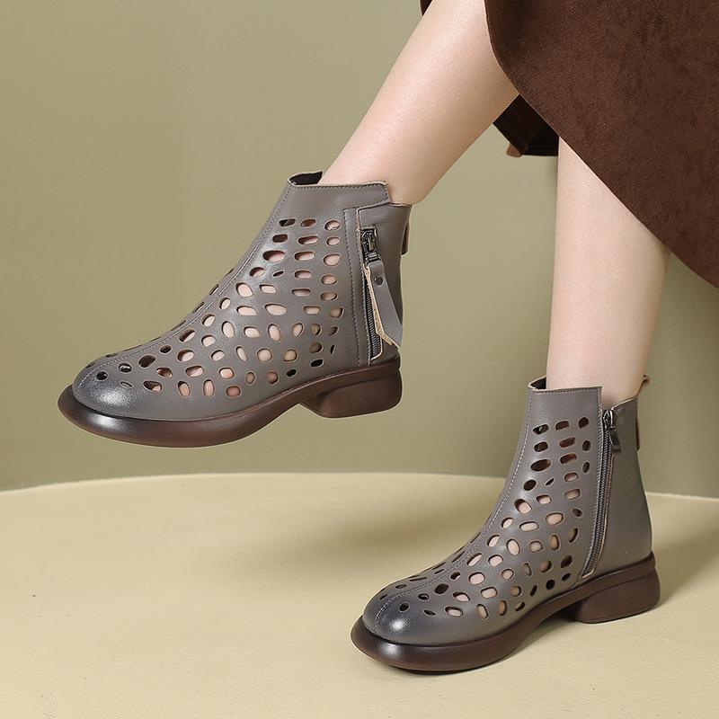 GKTINOO 2025 Summer Ankle Boots Genuine Leather Shoes Women Mid Heels Sandals Side Zip Boots Cutout Breathable Mujer Zapatos