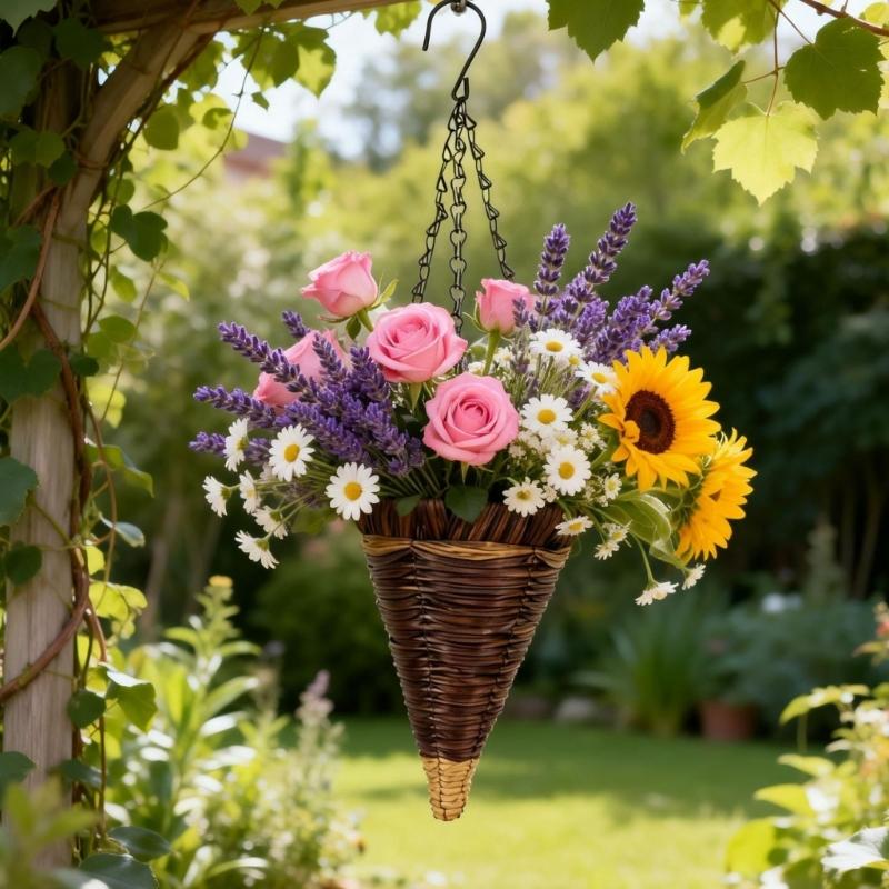 Conical Plastic Hanging Basket Planter with Stable for Beautiful Outdoor Display in Gardens Resistant to Weather and Easy to Clean