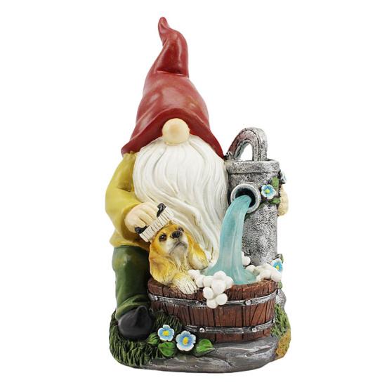 Solar Pumping Gnome Figurine with Light Washing Dog Dwarf Elf Resin Statue Sculpture Outdoor Garden Porch Yard Lawn Decoration Ornament