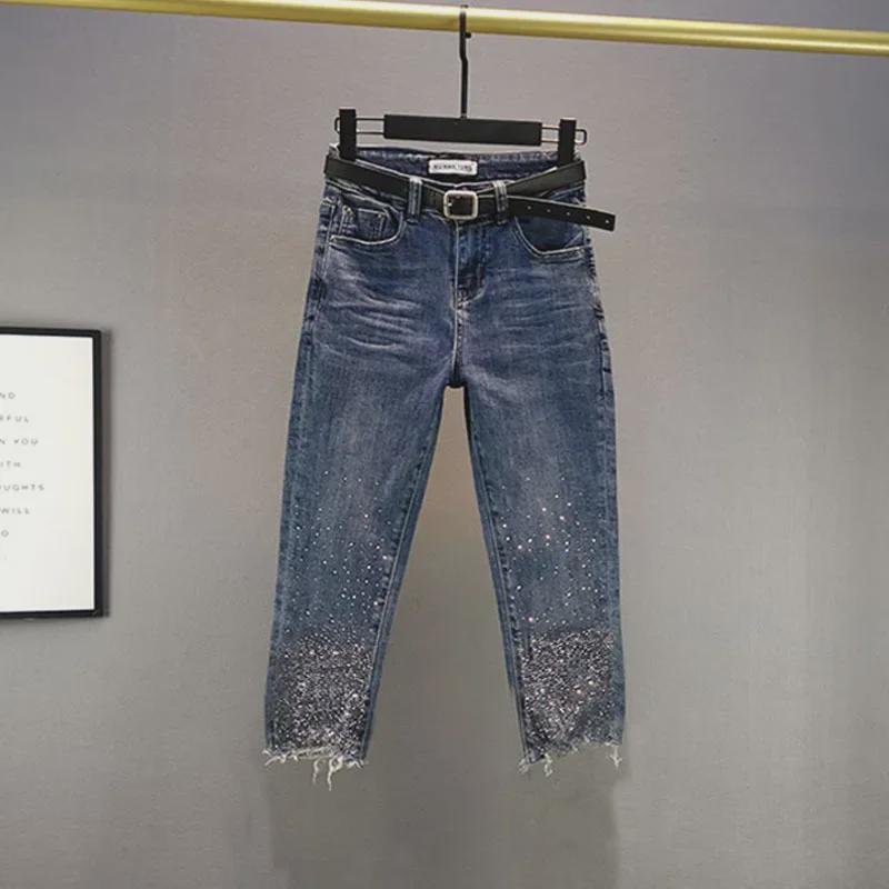 2024 Summer Women's Slim Fit High Waist Diamond-Embellished Cropped Denim Pants