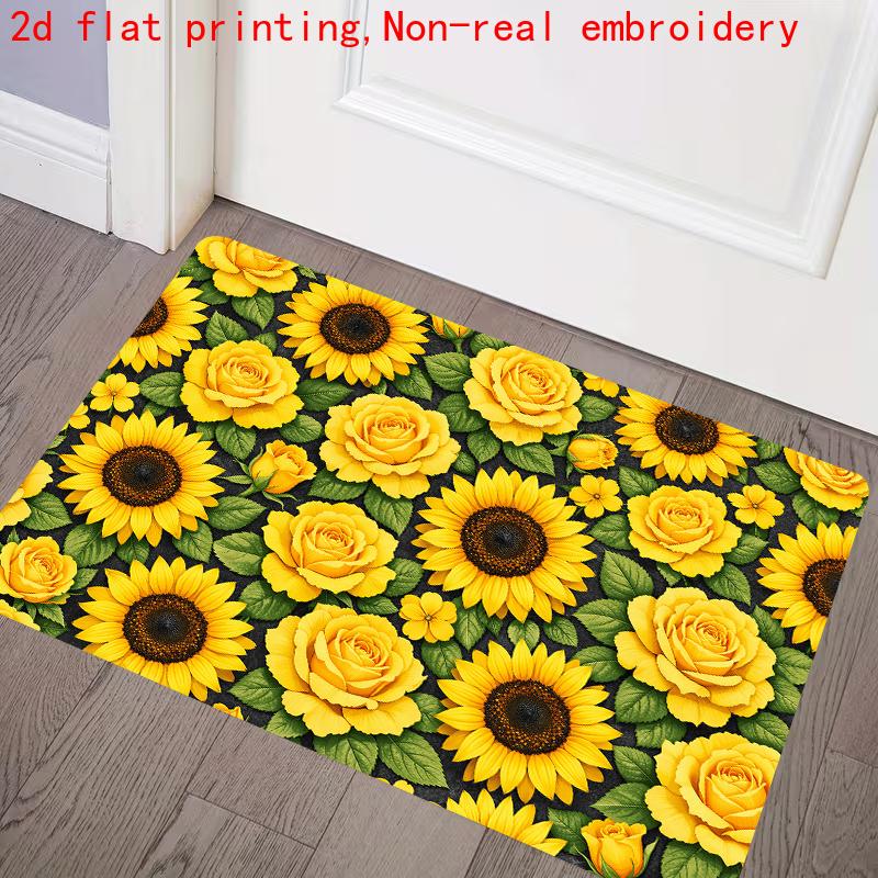 1pc, 2D Flat Printing, Sunflower Yellow Rose Pattern Entrance Door Mat, Colorful Non-Slip, Machine Washable Polyester Carpet, Suitable for Home Decor,