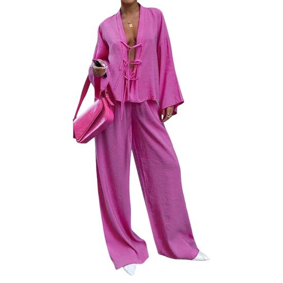 2 Pcs/Set Women Shirt Pants Set Lace-up Cardigan Long Sleeve Blouse Wide Leg Full Length