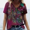 Fashion V-neck Women T-Shirt 3D Peacock Feather Graphic Short Sleeve Tees Oversized Y2k Tops Summer Street Casual Female T Shirt