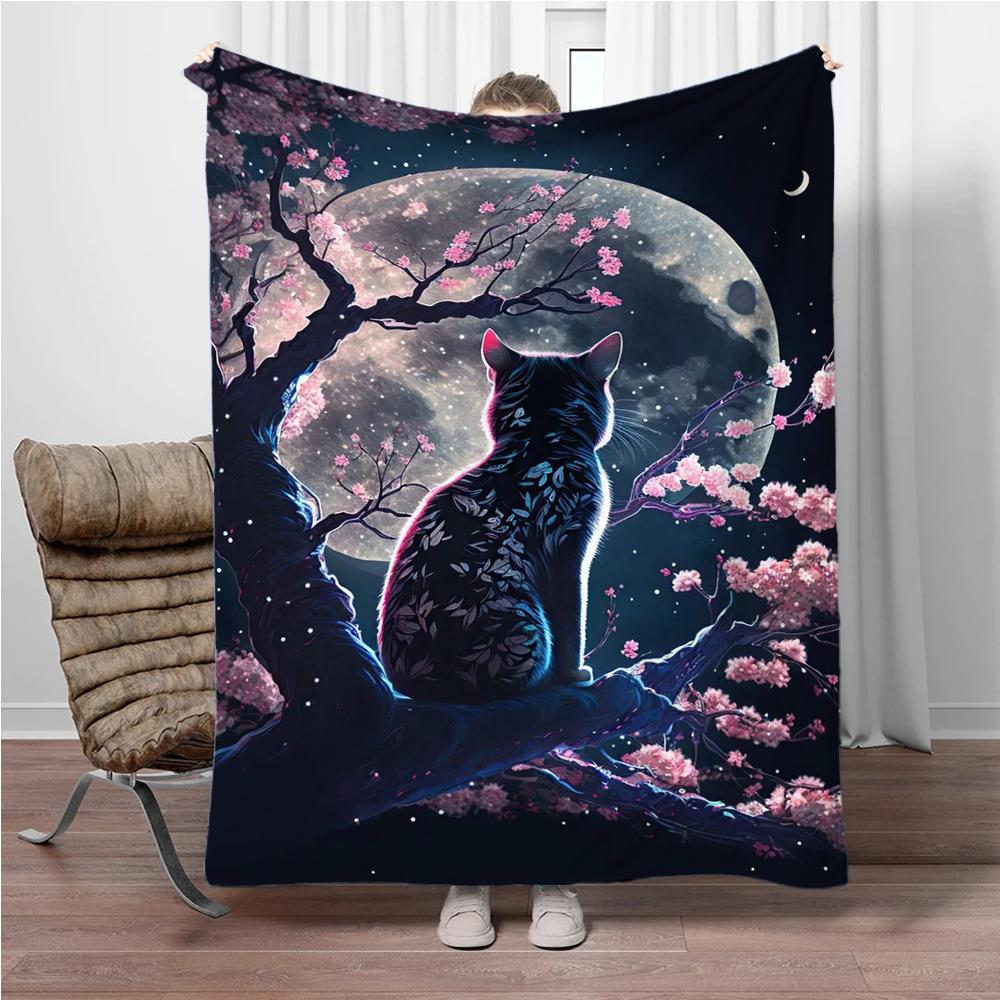 Cats Cherry Blossom Flannel Blanket Children Warm Soft Blanket for Sofa Bed Cover Blanket Suitable for Birthday Souvenir Gifts