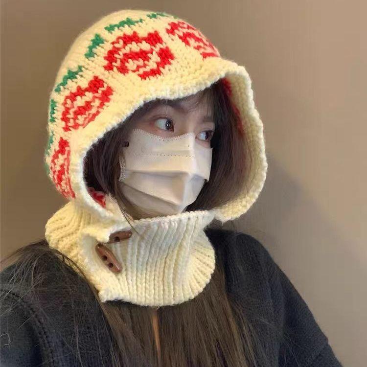 Вязаная балаклава с цветами в корейском стиле для женщин, зимняя теплая шерстяная шапка, грелка для шеи, защита ушей, интегрированная шапка-бини