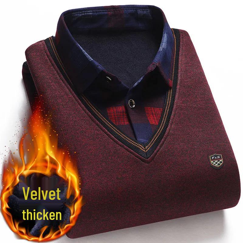 Мужской флисовый двухпредметный свитер с воротником-рубашкой для среднего и пожилого возраста