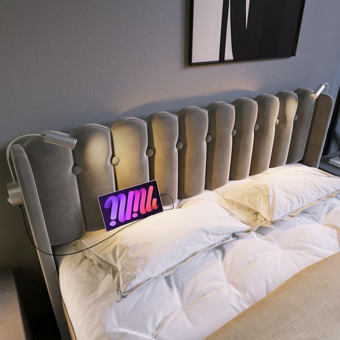 ELVMI Storage Bed 140x200 cm - Double Bed with USB Charger and Night Lamp - Velvet - Without Mattress - Gray
