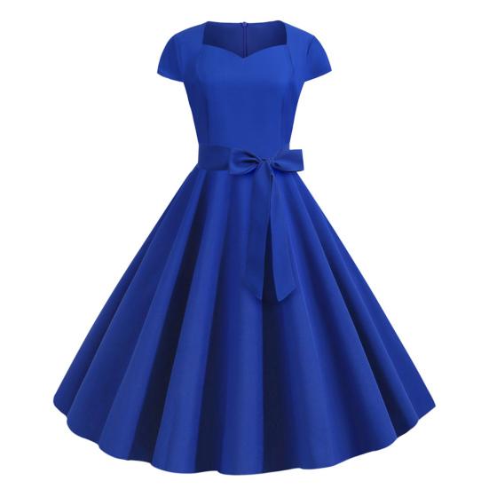 Женское платье с V-образным вырезом и поясом с бантом, декор трапециевидной формы, большие качели, обтягивающее платье с высокой талией, сплошной цвет, ретро, ​​с коротким рукавом, женское платье миди в стиле принцессы