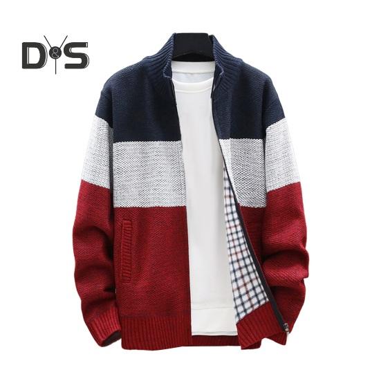 Men Autumn Winter Sweater Coat Stand Collar Thick Plush Color Matching Knitted Elastic Zip-up Long Sleeves Pockets Mid Length Daily Wear Jacket