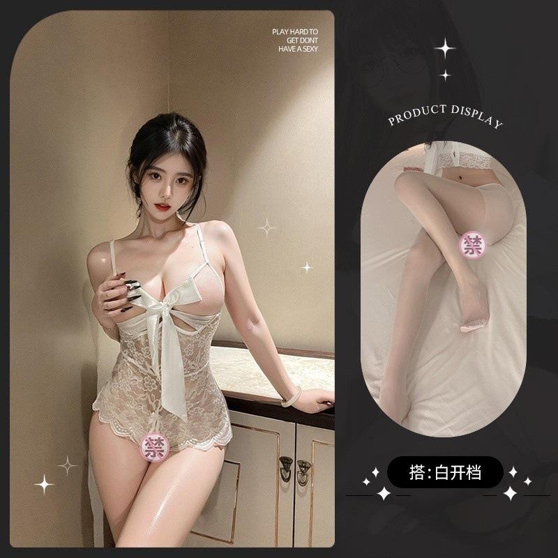 Sexy lingerie lace hollowed-out tights seductive small breasts show big open gear no-take-off onesie