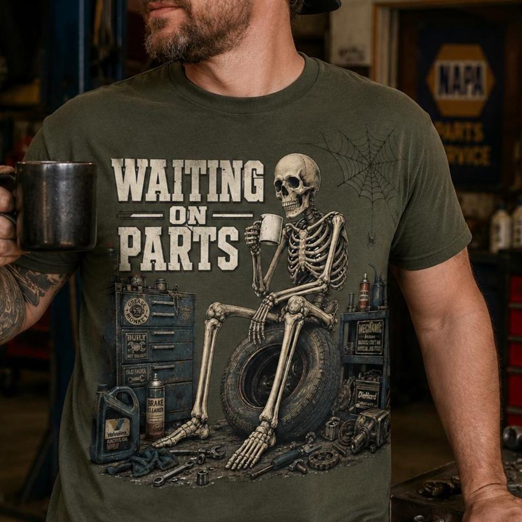 Waiting On Parts mechanic shirt, funny skeleton car repair tee, unisex graphic t‑shirt