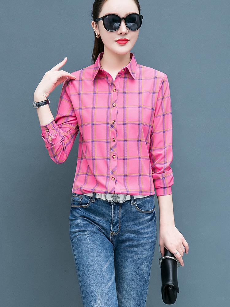 Клетчатая рубашка для женщин, сто женщин, топы, свободная ретро рубашка с длинным рукавом с гонконгским вкусом