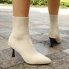 Мода Мода Слипоны Тонкие Вязаные Ботильоны Женские Большого Размера Стрейч Сапоги на Высоком Каблуке Женские Осенне-Зимние Ботильоны-Носки на Тонком Каблуке