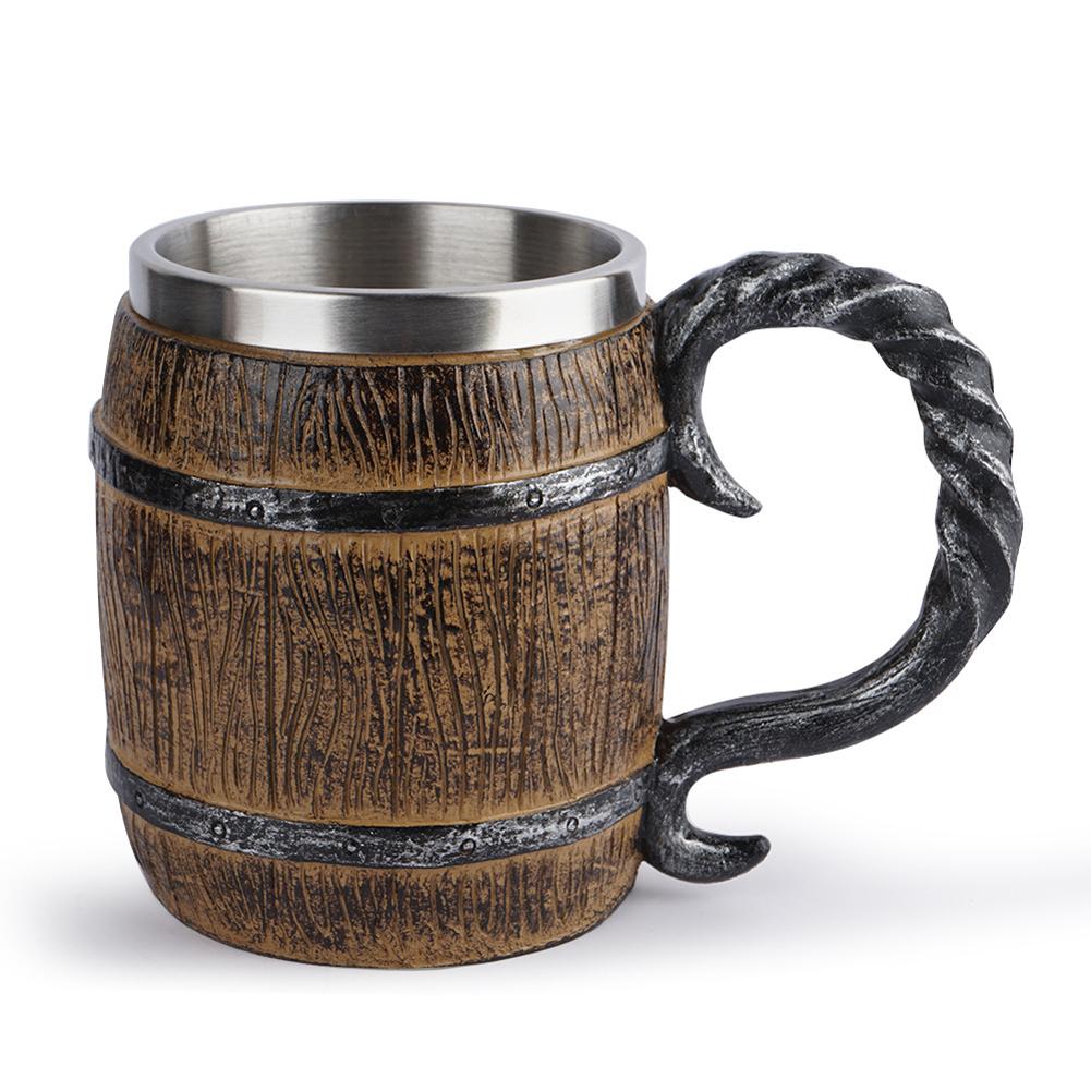 Wooden Barrel Mug Resin Stainless Steel Barrel Coffee Cup Water Bottle Viking Style Double Wall Beer Jug for Bar Drinkware Decor