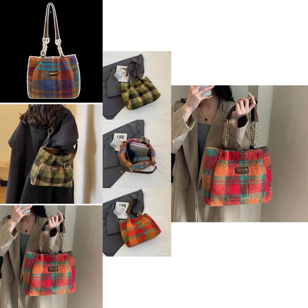 Stylish Red Purple Green Plaid Women's Canvas Shoulder Bag Perfect For Fall And Winter Outings