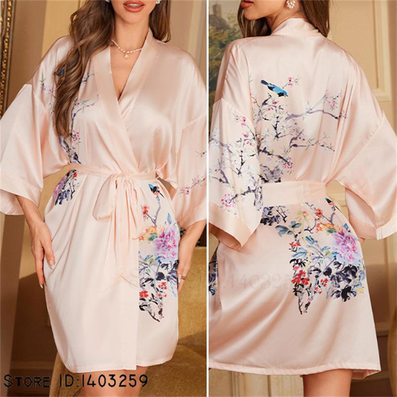 Плюс размер сексуальный женский халат пижамы шелковистый атласный кимоно халат платье юката китайский стиль принт филиал ночная рубашка повседневная домашняя одежда