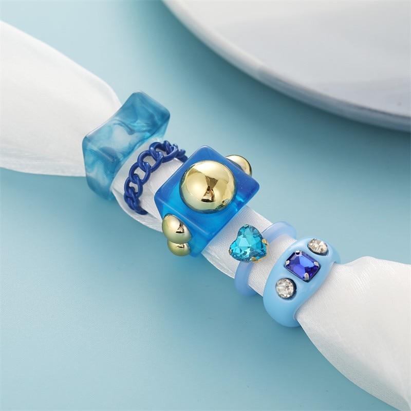Ins Aesthetic, 5 шт./компл., синий цвет, тема, гипербола, толстые акриловые кольца из смолы, набор для женщин, девчачьи модные кольца для вечеринок «сделай сам», ювелирные изделия