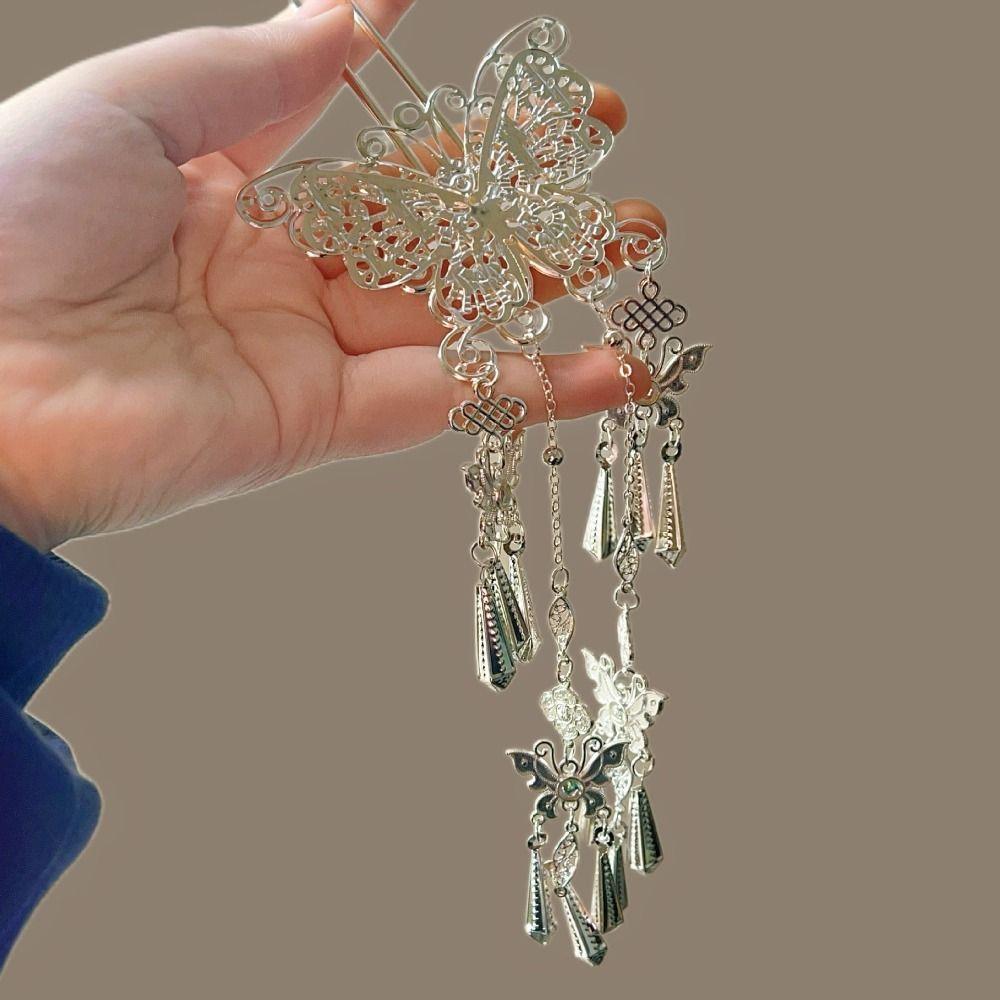 Metal Butterfly Tassel Hairpin Silver Hanfu Hair Sticks Classical Ethnic Style Headwear Girls