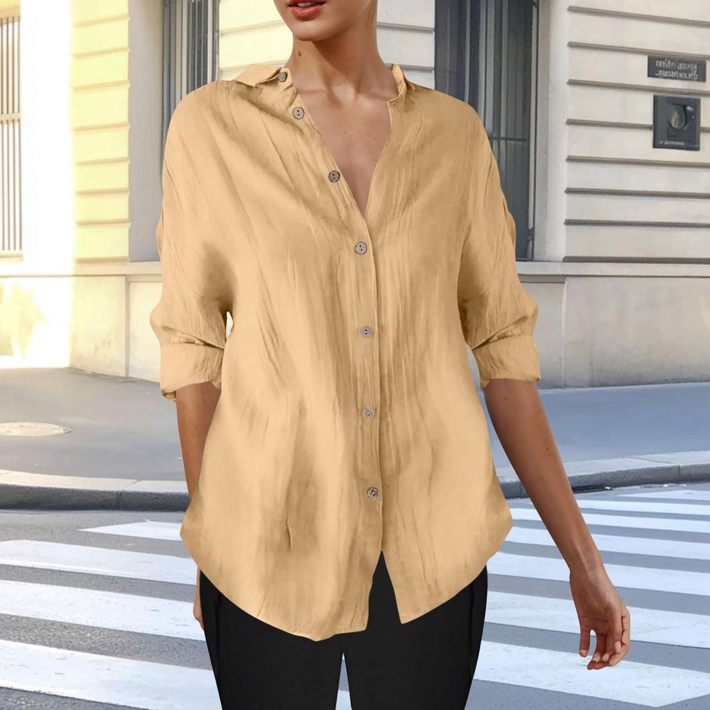 Long Sleeve Linen Shirts For Women Button Down Loose Solid Color Blouse Lightweight Casual Lapel Tunic Tops