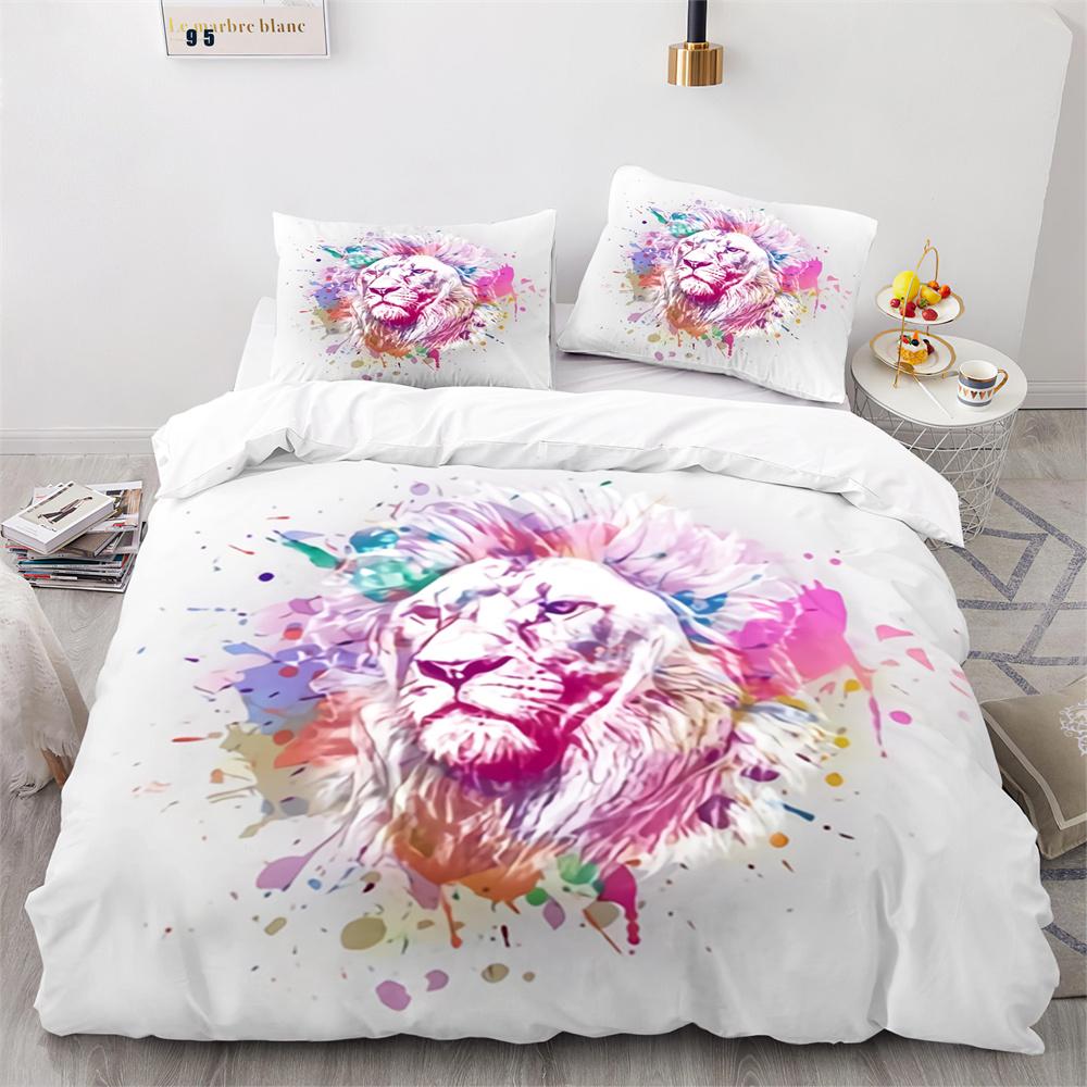 Комплект пододеяльника Львенок Мультяшный узор Дикое животное Лев Милый стиль Полный размер Постельное белье Полиэстер Пододеяльник с наволочкой