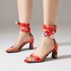 Classic Retro Style Printed Silk High Heel Sandals Flower Ankle Bow Knot Hollow Open Toe Women's Sandals Ethnic High Heel Shoes