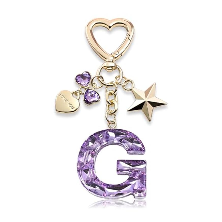 Bling Keychain with Initial Letter Butterfly Star Pink Purple - Cute Gift for Women And Girls Bag Cup Charms Fashion Accessory