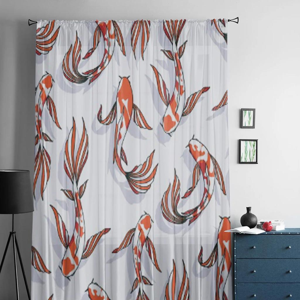Тюлевая занавеска с карпом кои для гостиной, прозрачная занавеска с балдахином для кухни, спальни, оконные шторы