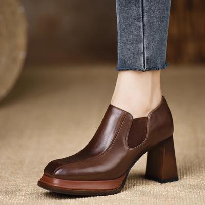 Туфли на блочном каблуке Осенние Новые с квадратным носком на платформе Слипоны Нескользящие Износостойкие Высокие каблуки