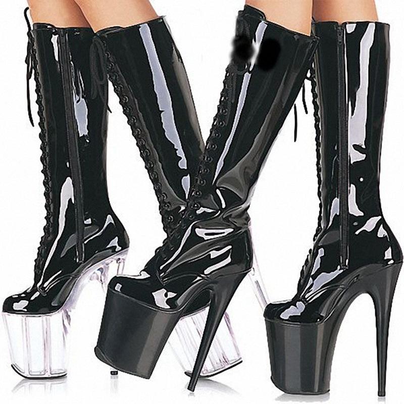 20CM Thin-heeled High-heeled Front Lace-up Boots, Patent Leather High-heeled Boots, Pole Dance Shoes, Nightclub Shoes YKC