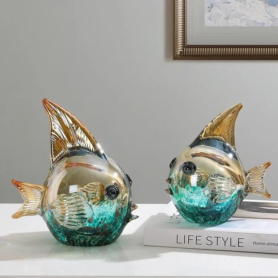 Стеклянный градиент красочная статуя рыбы хрустальная статуэтка рыбы скульптура аквариум эстетическое украшение домашний декор стола