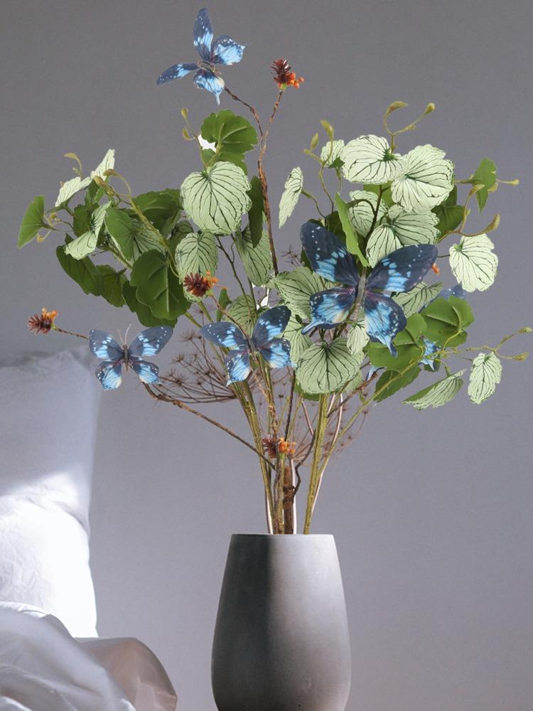 6Pcs Artificial Green Plants Faux Plants 70cm Real Touch Begonia Leaves Branches with Butterfly Fake Flowers Arrangements for Home Office Shop Decor