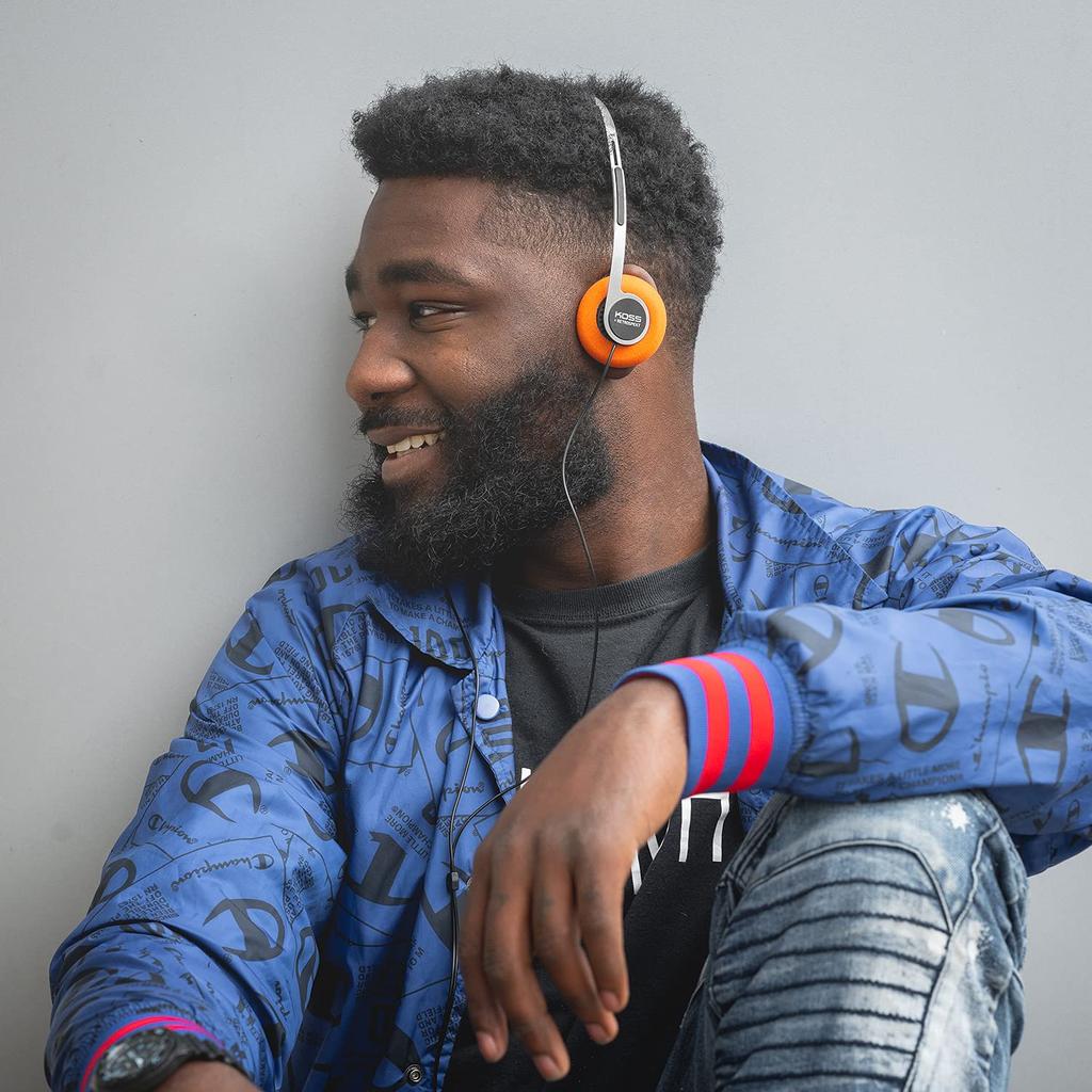 Наушники-вкладыши Koss x Retrospekt Retro Retro Orange, регулируемые, проводные, оранжевые, P/21, с пеной, оголовьем, штекером 3,5 мм, черного и серебристого цветов.