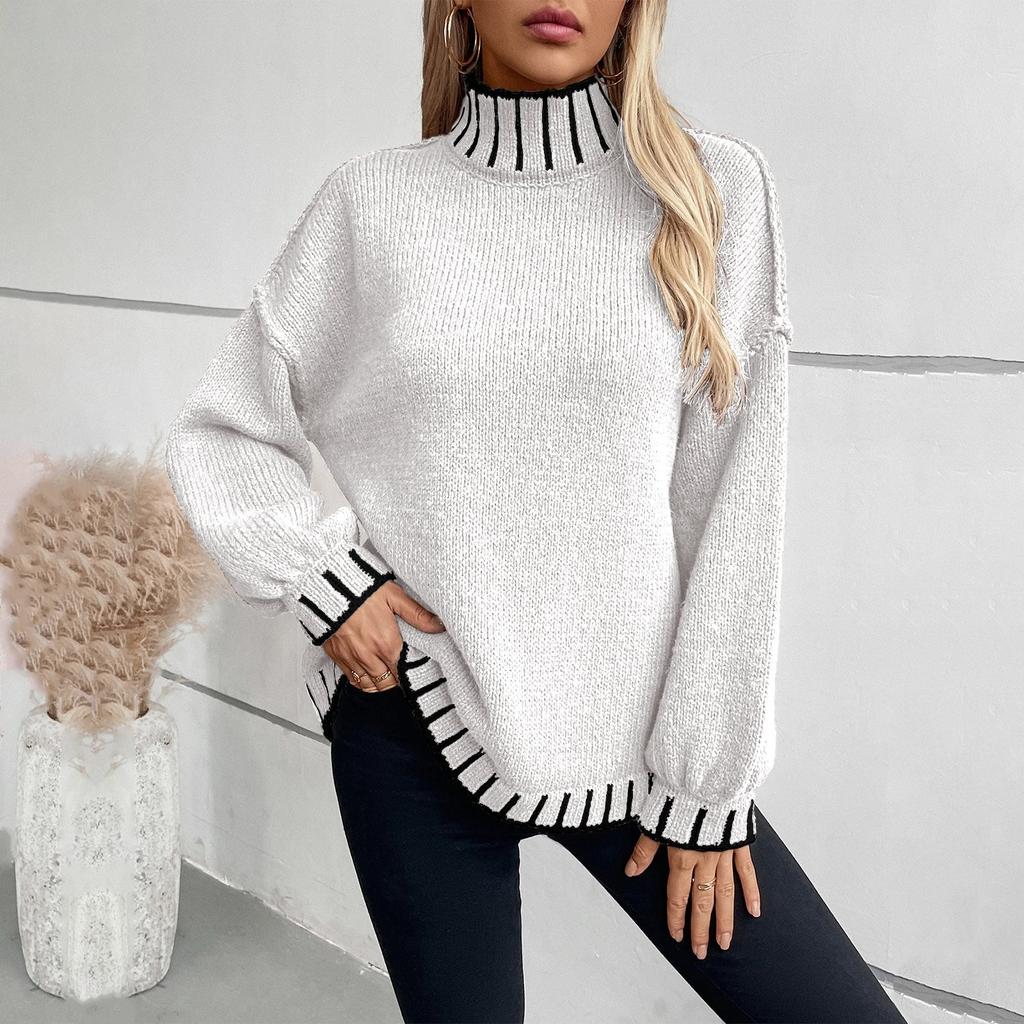 Женский свитер с высоким воротом, трикотажный свитер с полосками, вязаный свитер с косами, осень-зима, длинный рукав, модный, трендовый