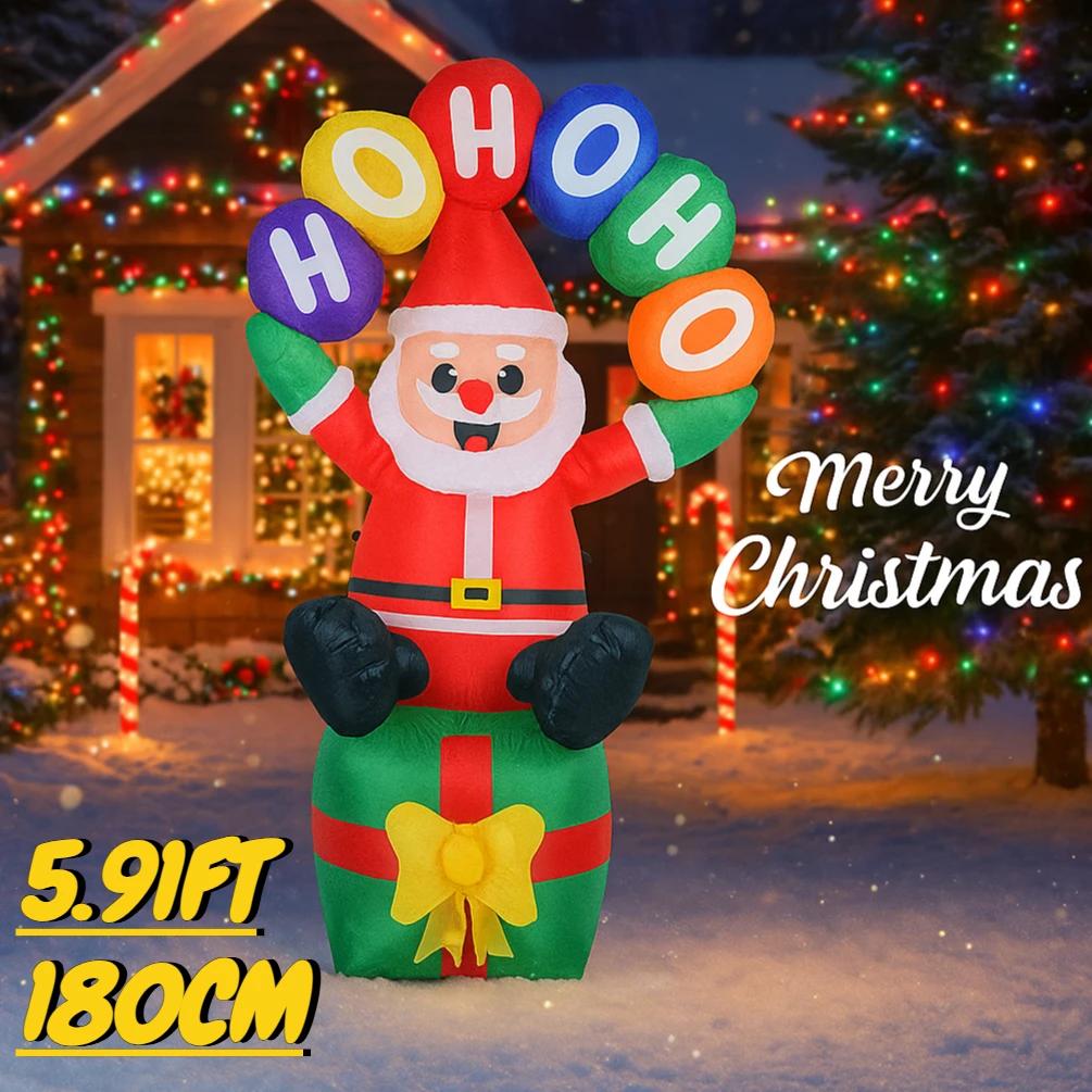 5.91FT Christmas Inflatable Toys Xmas Yard Lawn Party Decoration Santa Claus Gift Box Home Supplies Ornaments with LED Light