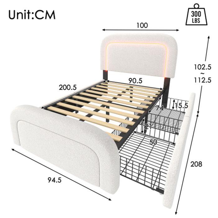 Cadre de lit - MUVOE - 90x200 cm - USB Type C - Éclairage LED - 2 tiroirs