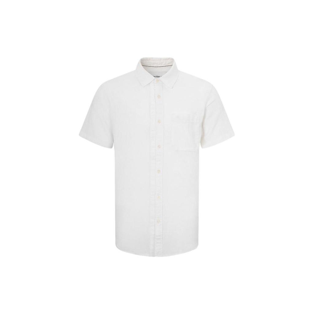 Calvin Klein Casual Cotton Linen Simple Embroidered Letter Patch Pocket Short Sleeve Shirt Men shirts White J320784-YAF