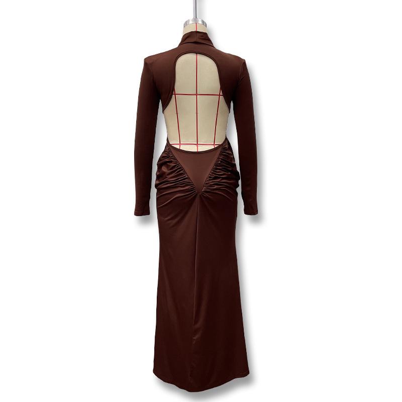 Европейско-американское осеннее облегающее платье с высоким воротником, драпировкой на спине и открытой спиной для женщин 2025