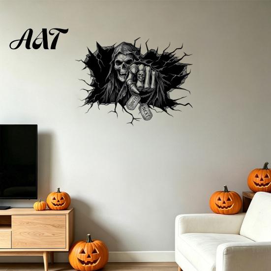 Window Display Decal Grim Reaper Wall Sticker, 3D Breaking Through Art Decal, Removable Sticker Scary Skull Mural for Home Bar Pub Halloween