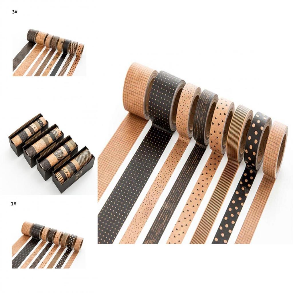 Stylish 8pcs/set Kraft Paper Tape Masking Pattern Vintage Traveller's Notebook Craft Ideal For Scrapbooking