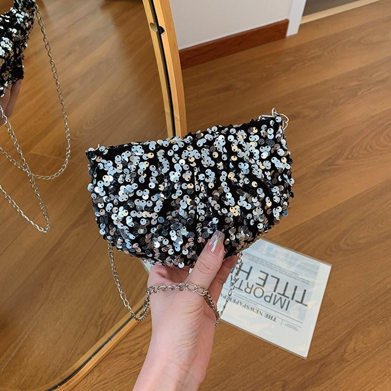 Trendy Mini Half Moon Pu Crossbody Bag With Shiny Sequins For Stylish Women