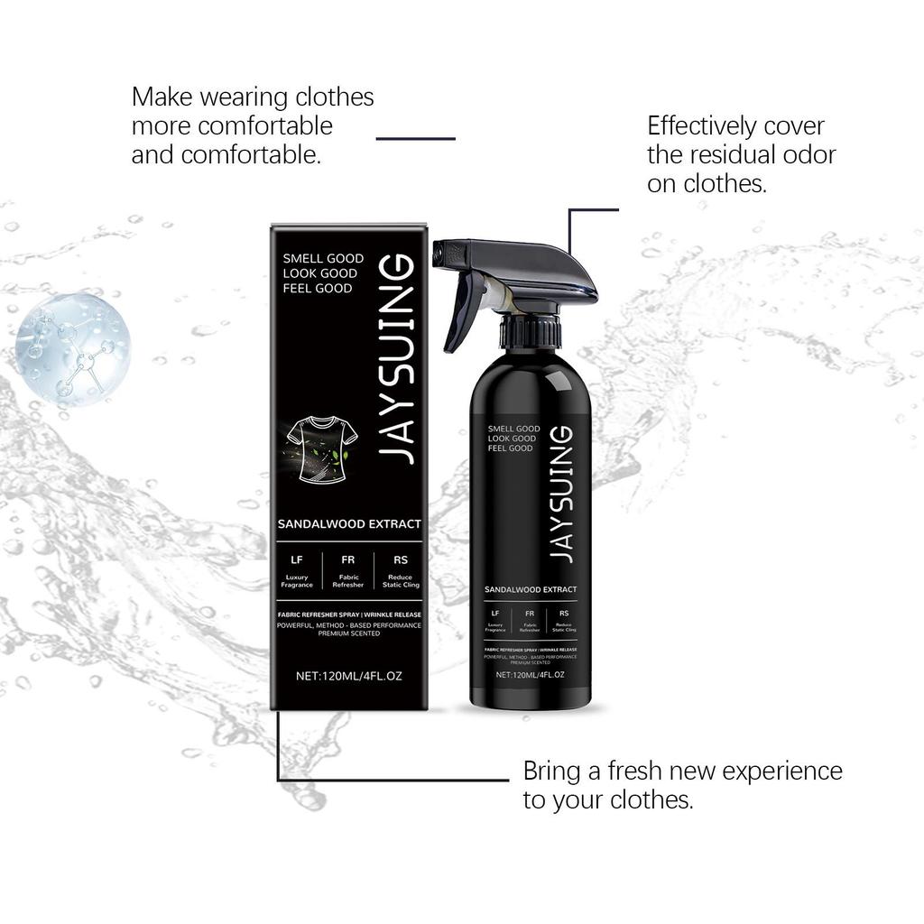 Clothing freshening spray with luxurious long-lasting fragrance removes static electricity and is convenient for on-the-go use