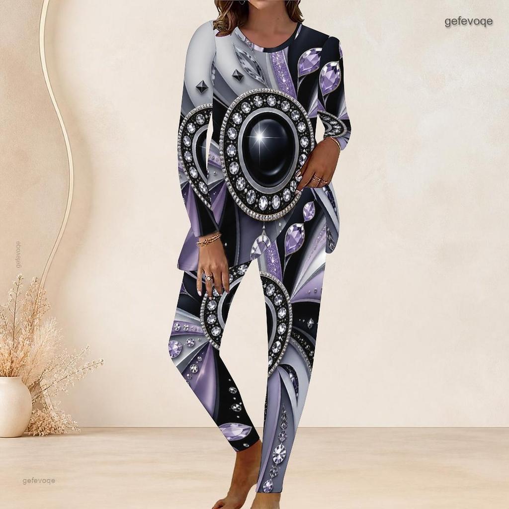 Женский комплект из двух предметов большого размера, топ с круглым вырезом, длинным рукавом, принтом, удлиненный, облегающие брюки, черный, синий, фиолетовый