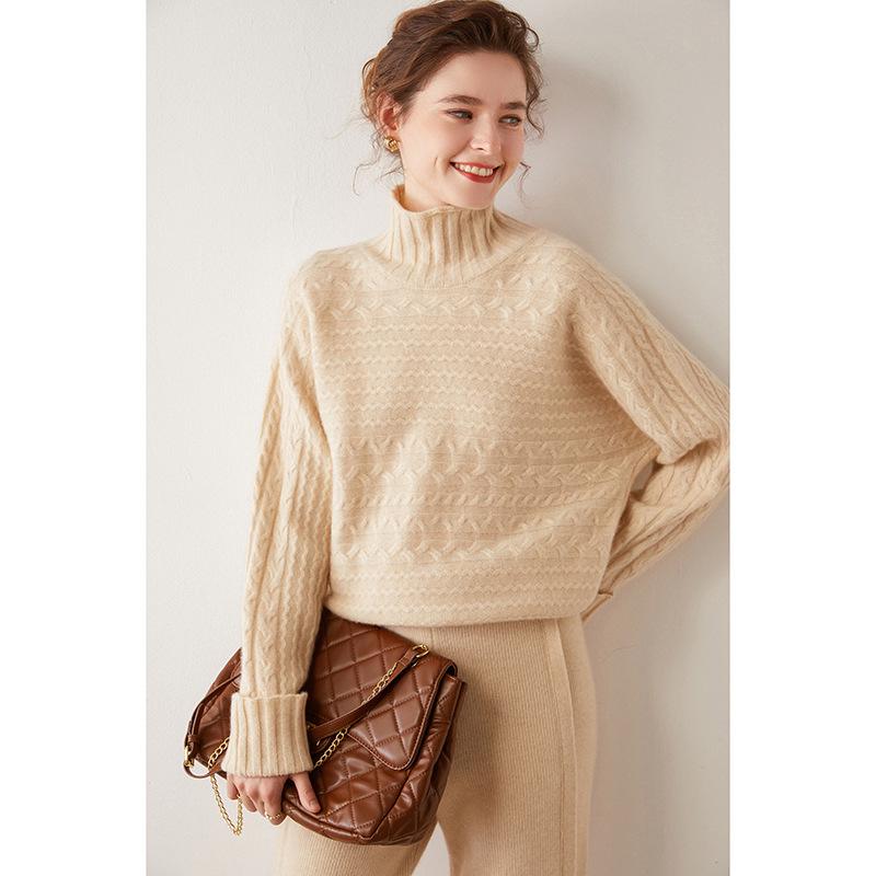 Women's Retro High-Neck Cable Knit Cashmere Sweater, Loose-Fit, Light Color, Pullover Style