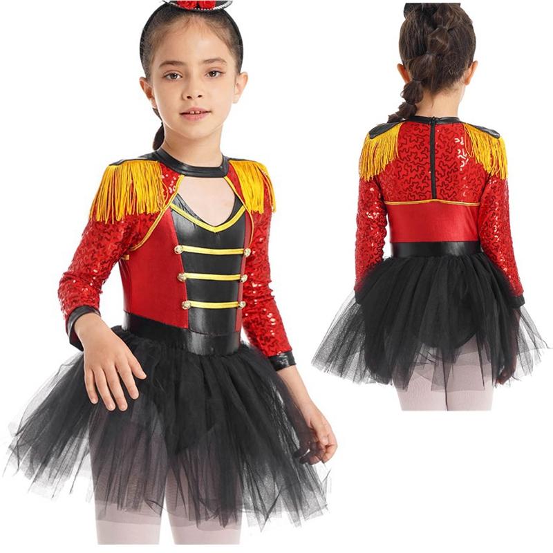 Girls Sequin Tassel Magician Costume Long Sleeve Epaulet Design Tutu Skirt Built In Brief Circus Dress Up