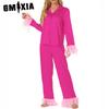 Luxury Elegant Feather Loungewear Set Pajamas Long Sleeve Long Pants Two Piece Set